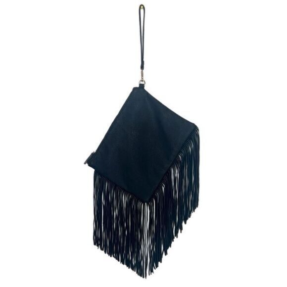 Shiraleah Black Large Vegan Leather Fringe Boho Wristlet Clutch - Picture 1 of 5